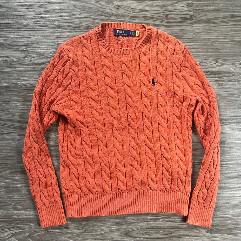 Polo Ralph Lauren Orange Cable Knit Cotton Crewneck Sweater Womens Small